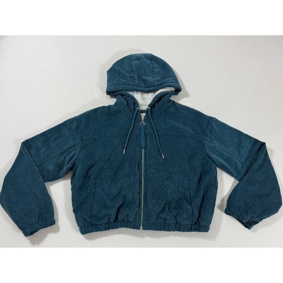 Ashley Jackets & Blazers - Women’s Y2K Teal Corduroy‎ Sherpa Lined Zip Hoodie Jacket Large Cozy Retro Soft